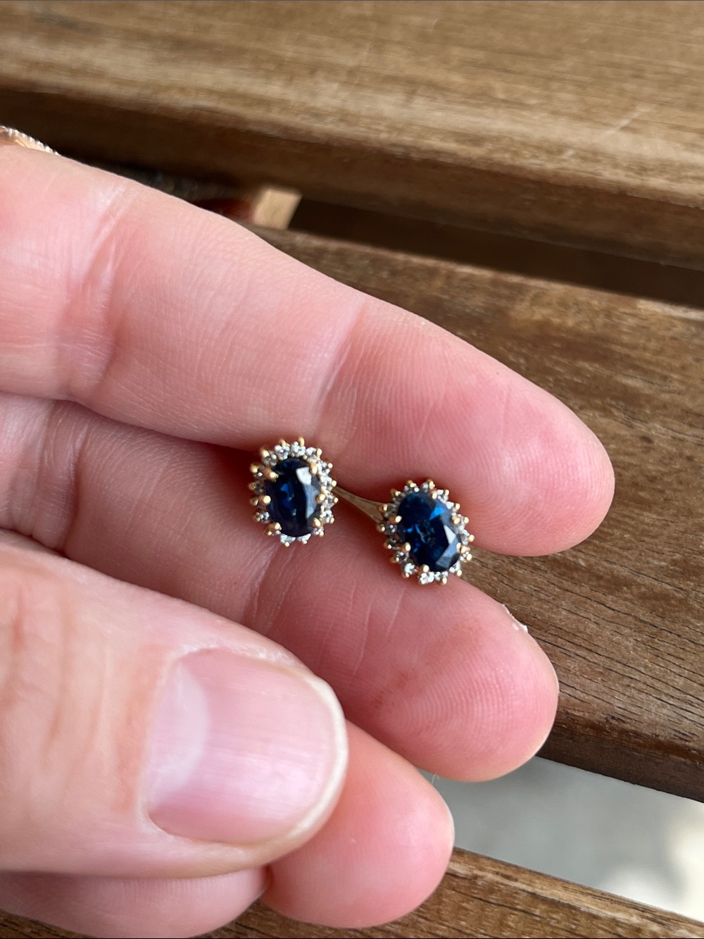 18k Gold Stud Earrings with Deep Blue oval  sapphires & diamond halo